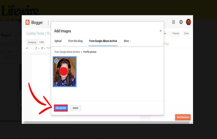 Screenshot, der zeigt, wie Sie ein Bild auf einer Blogger-Seite einfügen, um ein Bild in Google Online hochzuladen
